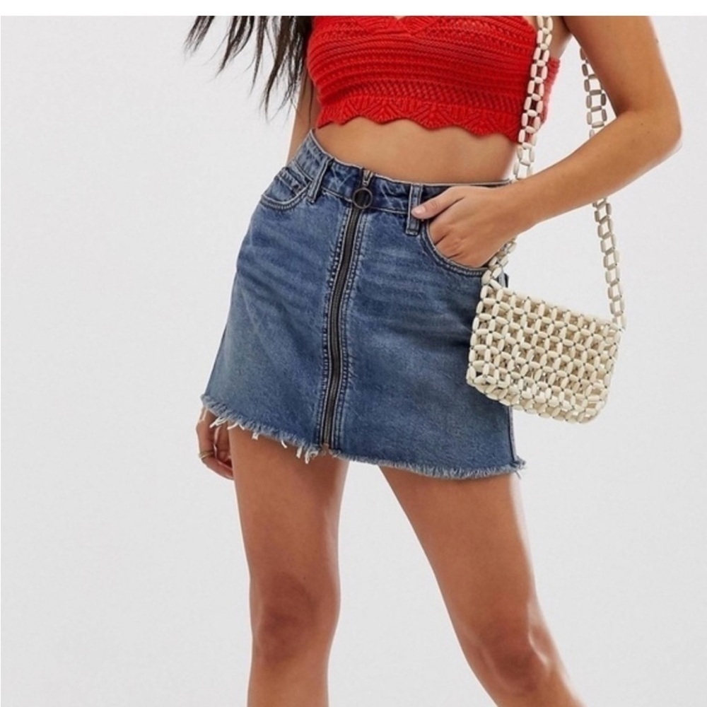 FREE PEOPLE We The Free Zipper Front Denim Mini  Skirt - Blue Size29 New